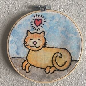 New Hand Embroidery Watercolor Finished Hoop Art Original Design Cute Orange Cat